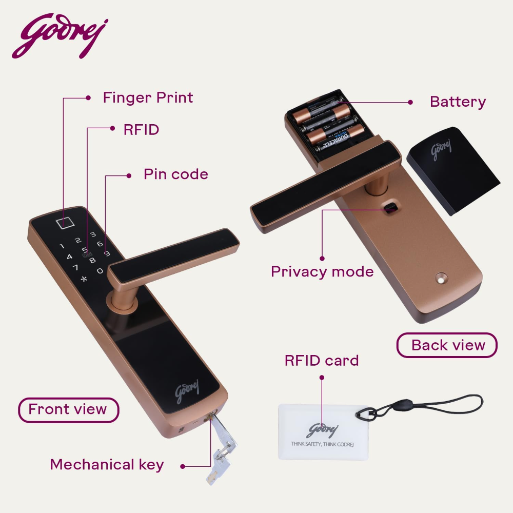 Godrej Smart Lock I Catus Touch Plus I Digital Lock for Wooden Door I 4in1 Access I Fingerprint | RFID I PIN Access I Mechanical Key I 3 Dead Bolts I Rose Gold I 3 Yr Warranty | Free Installation